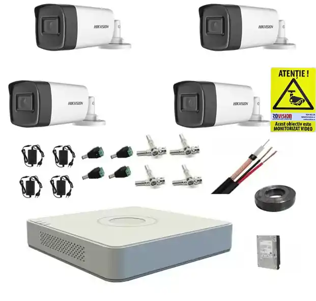 Comandă acum Kit sistem complet 4 camere supraveghere Hikvision 1080P 40 m IR lentila 2.8mm hard 1tb