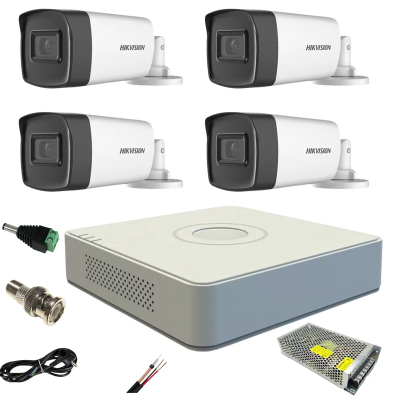 Calitate înaltă Sistem supraveghere video Hikvision 4 camere de exterior 5MP Turbo HD cu IR 40M DVR 4 canale full accesorii cu cablu coaxial live internet