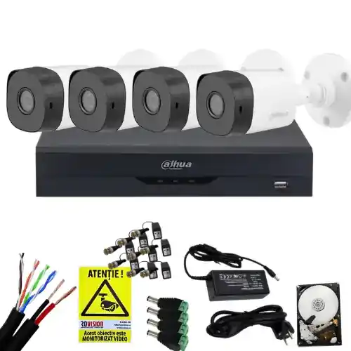 Sistem complet profesional 4 camere supraveghere exterior FULL HD 20m IR, DVR 4 canale, accesorii + hard 1TB Chilipir