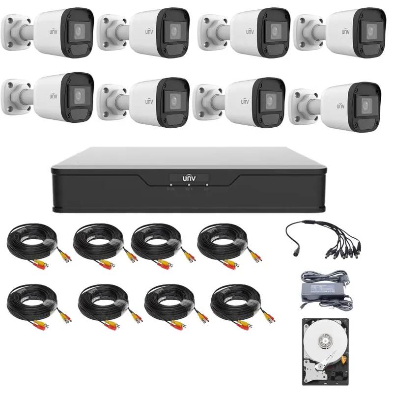 Sistem de supraveghere complet, 8 camere 5 Megapixeli, Infrarosu 20m, Lentila 2.8mm, XVR 8 canale, Hard, accesorii, Uniview Ofertă de sezon