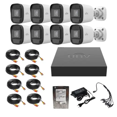 Sistem supraveghere Uniview, 8 camere, 2MP, IR 20m, microfon, XVR 8 canale 2MP + 2 canale IP 6MP, HDD 1TB și accesorii montaj Expediere rapidă
