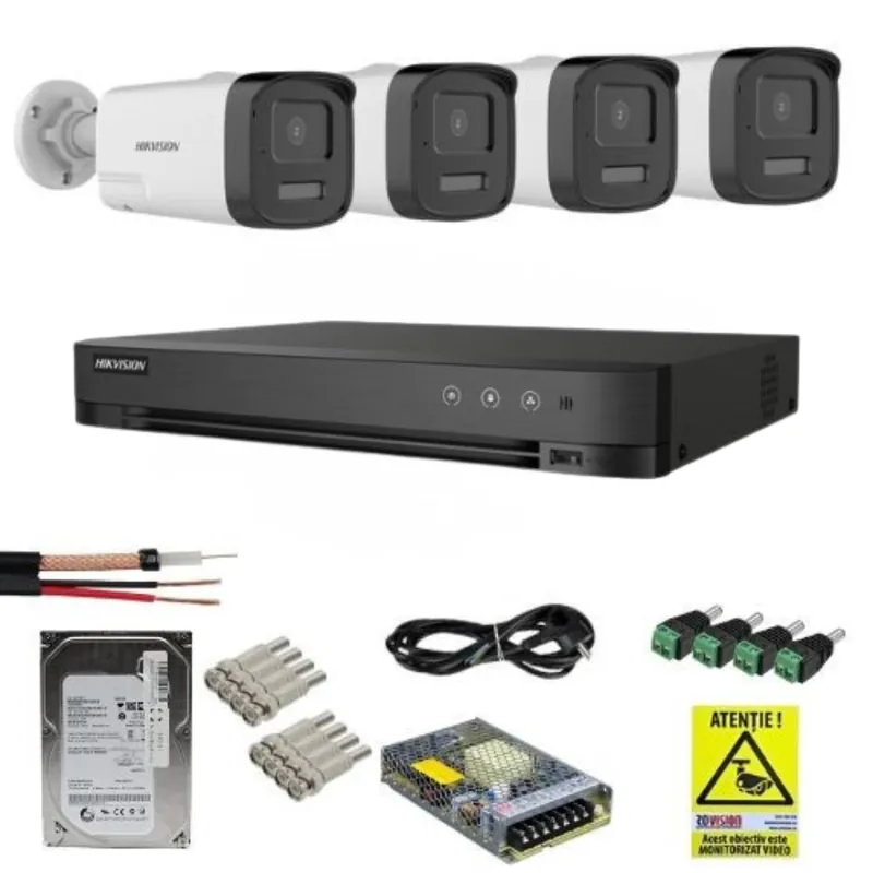 Ofertă specială Sistem Supraveghere Analog Hikvision 4 Camere 3K Ultra HD, Dual Light 40m, Audio, DVR 4 Canale 3K lite 5MP, 1xSata, Functii inteligente, accesorii montaj