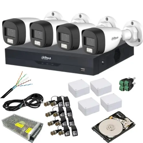 Premium Kit analog Dahua 4 camere analog 5MP IR 20m lumina alba 20m lentila 3.6mm, DVR 4 canale 5MP, sursa 12V 10A, video balun, doza, cablu UTP CAT5, mufe, HDD 1TB