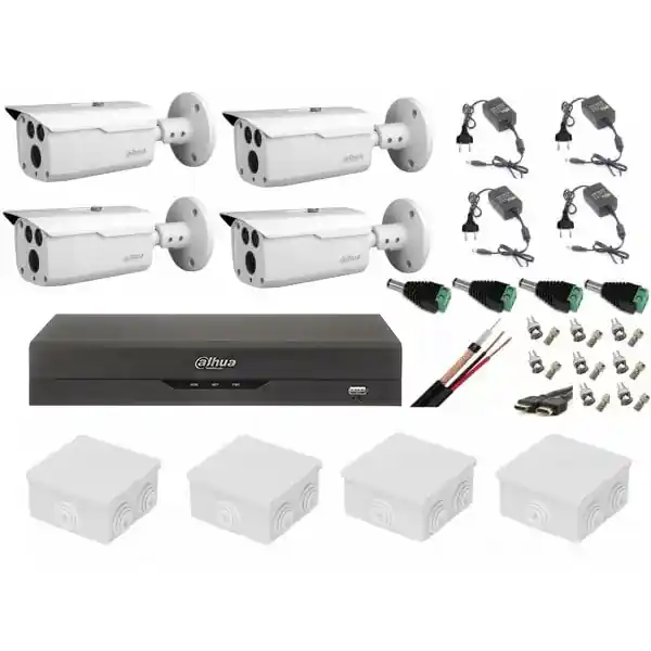 Sistem supraveghere video 4 camere Dahua HDCVI 2MP cu IR 80 m, accesorii incluse, vizualizare internet Retur ușor