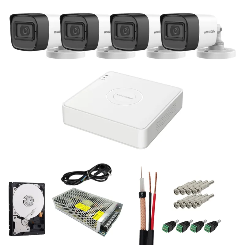 Kit complet 4 camere supraveghere exterior 5MP TurboHD Hikvision IR 25M DVR 4 Canale sursa alimentare accesorii + hard 1TB Cumpără acum