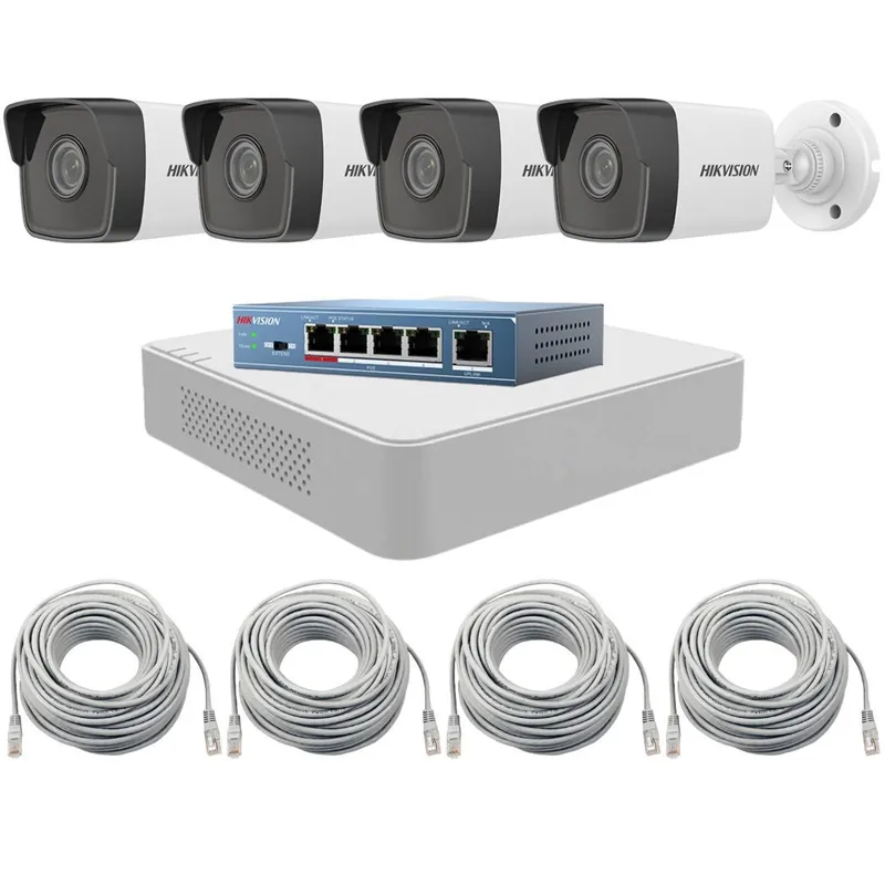 Sistem supraveghere IP Hikvision de exterior, 4 camere, 2MP Full HD, IR 30m, Vizualizare pe mobil, Switch, NVR 4 canale, Accesorii Ieftin