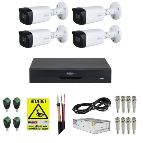 Preț redus Kit Supraveghere 4 Camere Dahua 5MP IR 80m Starlight Lentila 3.6mm, DVR 4 Canale 4K 8MP WizSense, Accesorii + Autocolant Rovision