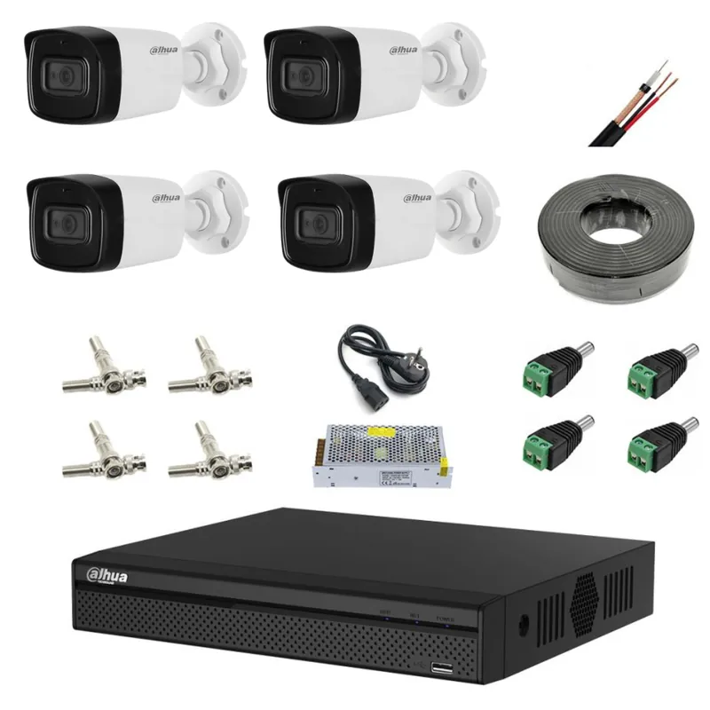 Premium Kit supraveghere 4 camere 8MP 4K cu IR 80m, microfon, DVR Dahua , accesorii incluse