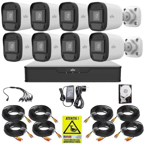 Sistem supraveghere Uniview, 8 camere 5MP, Imagini color noaptea, Lumina Alba 20m, DVR 8 canale 5MP, Accesorii montaj, HDD 1TB, Autocolant Rovision Cumpărături sigure