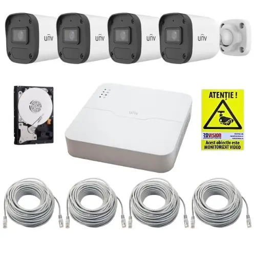 Sistem supraveghere IP UNV, 4 camere de exterior, 4MP, IR 30m, Microfon, PoE, Vizualizare pe mobil, NVR 4 canale, HDD 1TB, Accesorii Premium