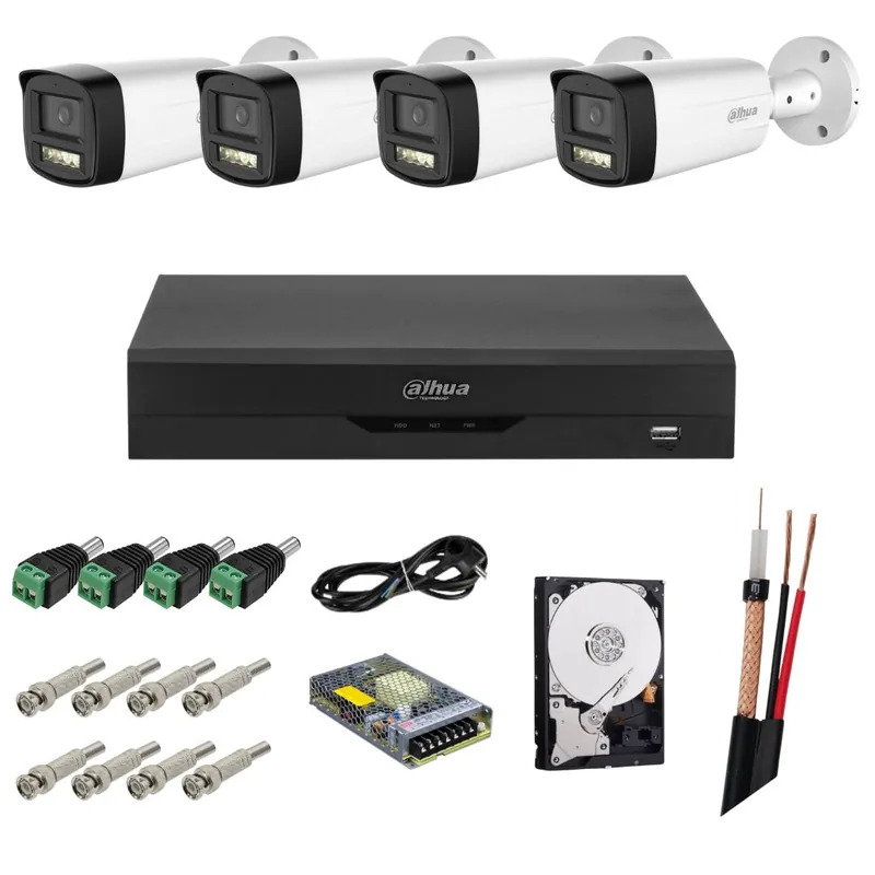 Sistem supraveghere Dahua, Functii inteligente, 4 camere analog, 5MP, IR 80m, Microfon, Starlight, de exterior, DVR 4 canale, Accesorii montaj incluse Discount