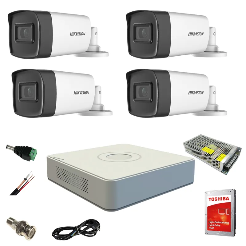 Sistem supraveghere video Hikvision 4 camere de exterior 5MP Turbo HD cu IR 40M DVR 4 canale full accesorii cu HARD 1TB live internet Plată sigură