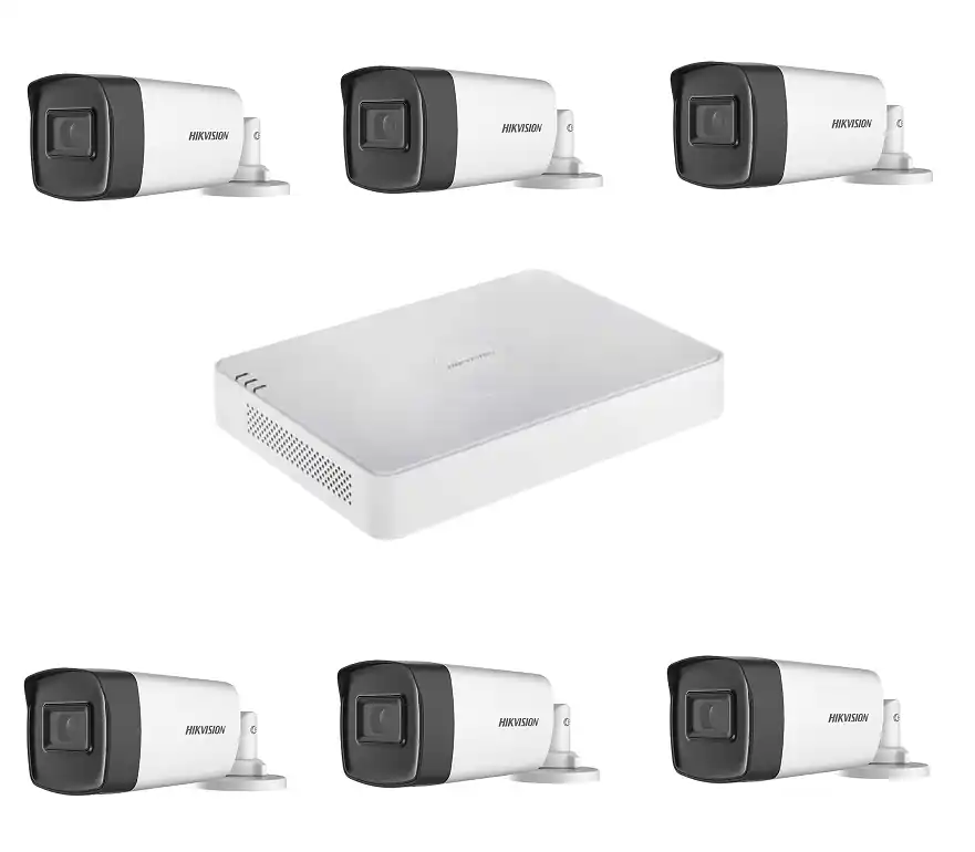 Kit supraveghere video profesional de exterior 6 camere Hikvision Turbo HD 5MP IR40 M , DVR 8 canale Hikvision, live internet Comandă acum