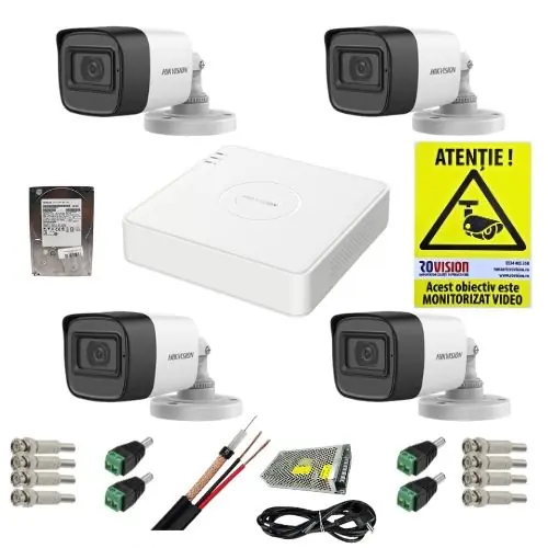 Livrare gratuită Kit supraveghere complet Hikvision 4 camere 5MP IR 30M Audio, DVR 4 canale 8MP AcuSense, accesorii, HDD 1TB + CADOU Autocolant Rovision