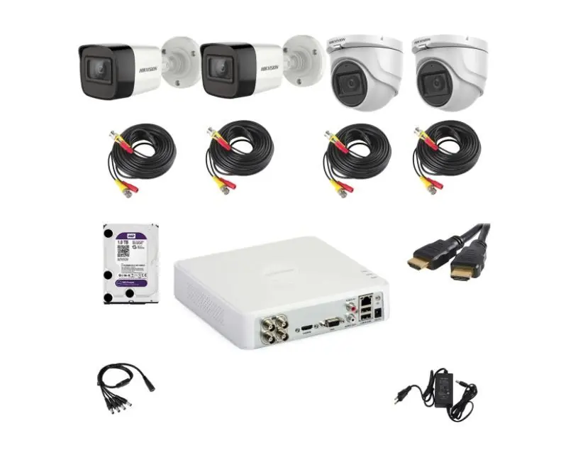 Premium Kit supraveghere video Hikvision 5MP format din 2 camere interior 2 camere exterior DVR 4 canale si accesorii complete incluse