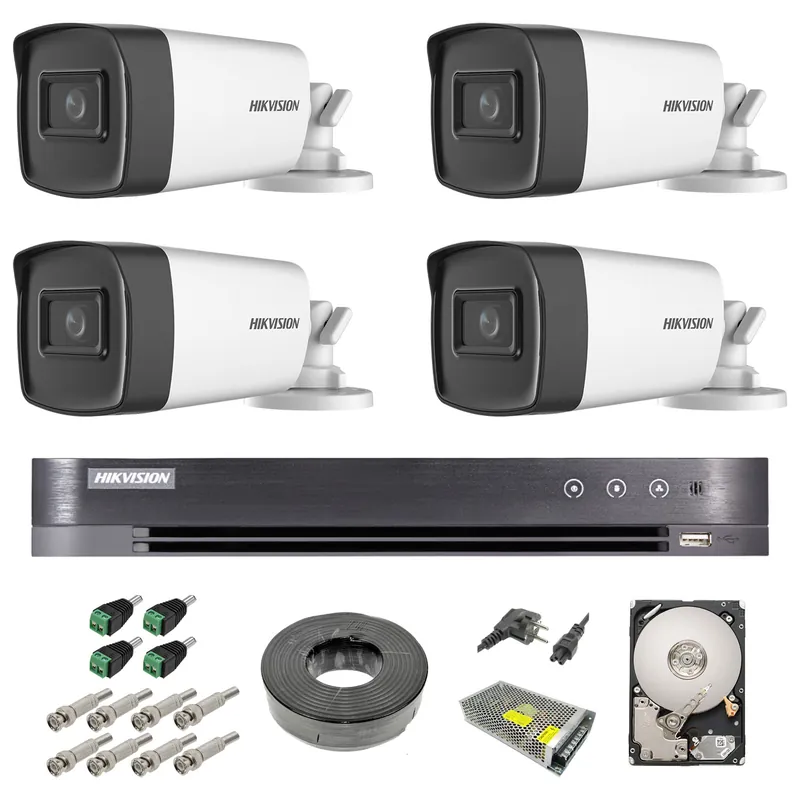 Sistem supraveghere video exterior complet Hikvision 4 camere Turbo HD 5 MP 80 m IR cu toate accesoriile, HDD 1tb Reducere extra