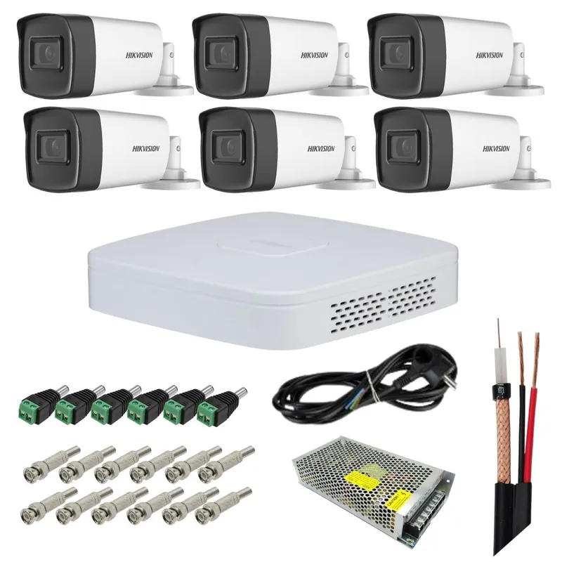 Sistem supraveghere Hikvision, 6 camere 3K 5MP, Dual Light 40m, Microfon, DVR 8 canale, Accesorii montaj incluse, Vizualizare pe mobil Doar azi