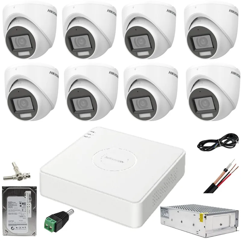 Lichidare de stoc Sistem supraveghere Hikvision 8 camere 2MP Dual Light IR 30m WL 20m DVR 4MP cu accesorii incluse HDD 1TB