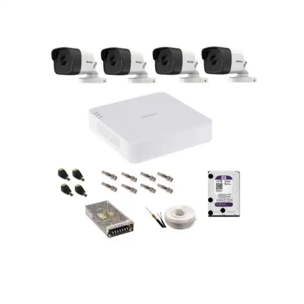 Lichidare de stoc Kit complet supraveghere 5 MP Hikvision Turbo HD cu 4 camere exterior DVR TurboHD 8MP IR 25m HDD 1 Tb accesorii complete vizualizare pe telefonul mobil