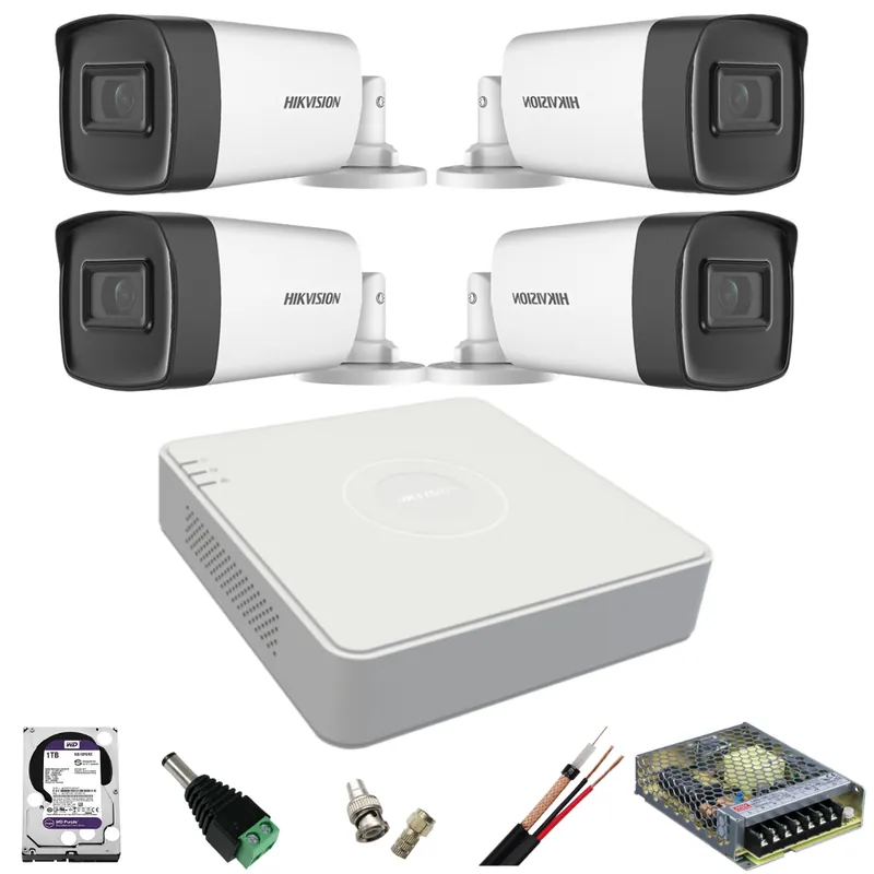 Kit de supraveghere Hikvision cu 4 camere de 2 Megapixeli, Infrarosu 40M, DVR cu 4 canale și accesorii incluse Doar azi