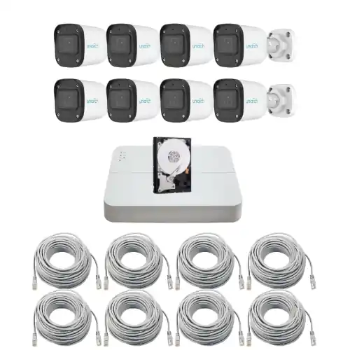 Sistem supraveghere complet IP Uniarch, 8 camere 2MP Full HD, Microfon, IR 30m, Pentru exterior, Vizualizare de pe mobil, NVR 8 canale, Accesorii montaj, HDD 1TB Chilipir