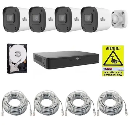 Sistem supraveghere IP UNV, 4 camere de exterior, 4MP, IR 30m, Microfon, NVR 4 canale POE, HDD 1TB, Accesorii Plată securizată