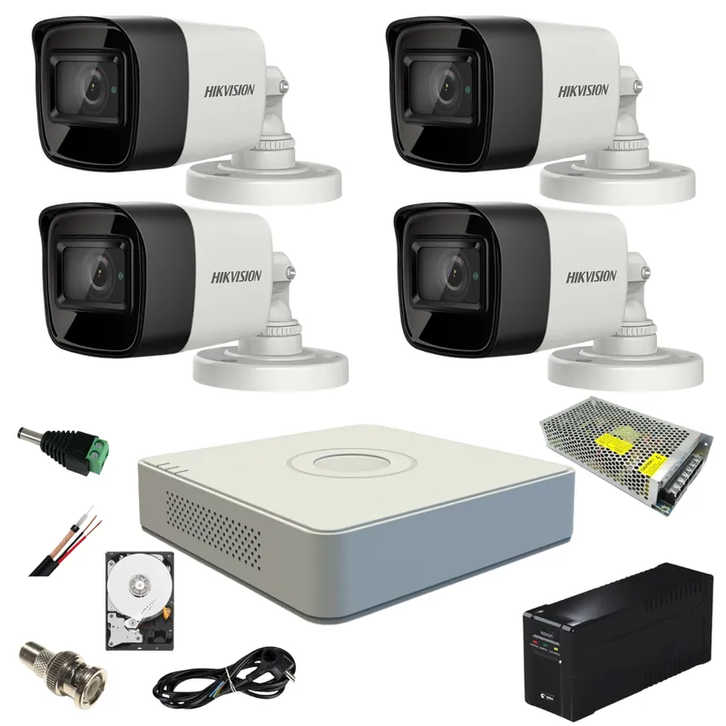 Preț mic Sistem supraveghere video ultra profesional cu UPS Hikvision 4 camere exterior 5MP Turbo HD cu IR 80M full accesorii cu HARD