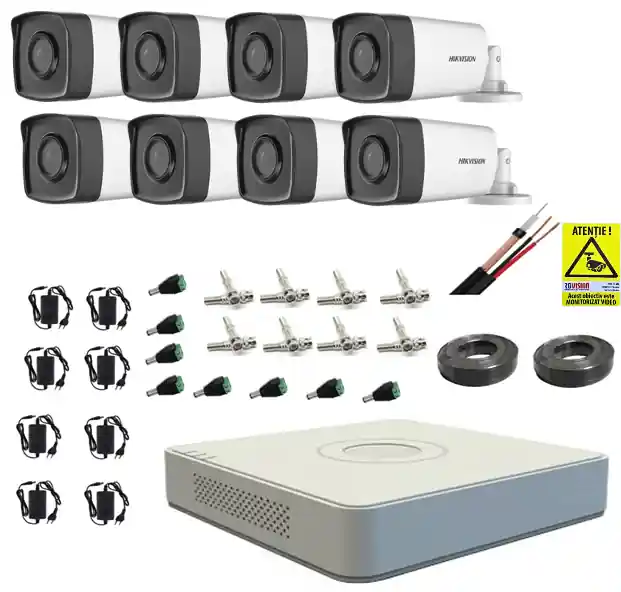 Disponibil imediat Sistem supraveghere complet Hikvision 8 camere analog 2MP IR 80m, DVR 8 canale 1080pLite audio, accesorii
