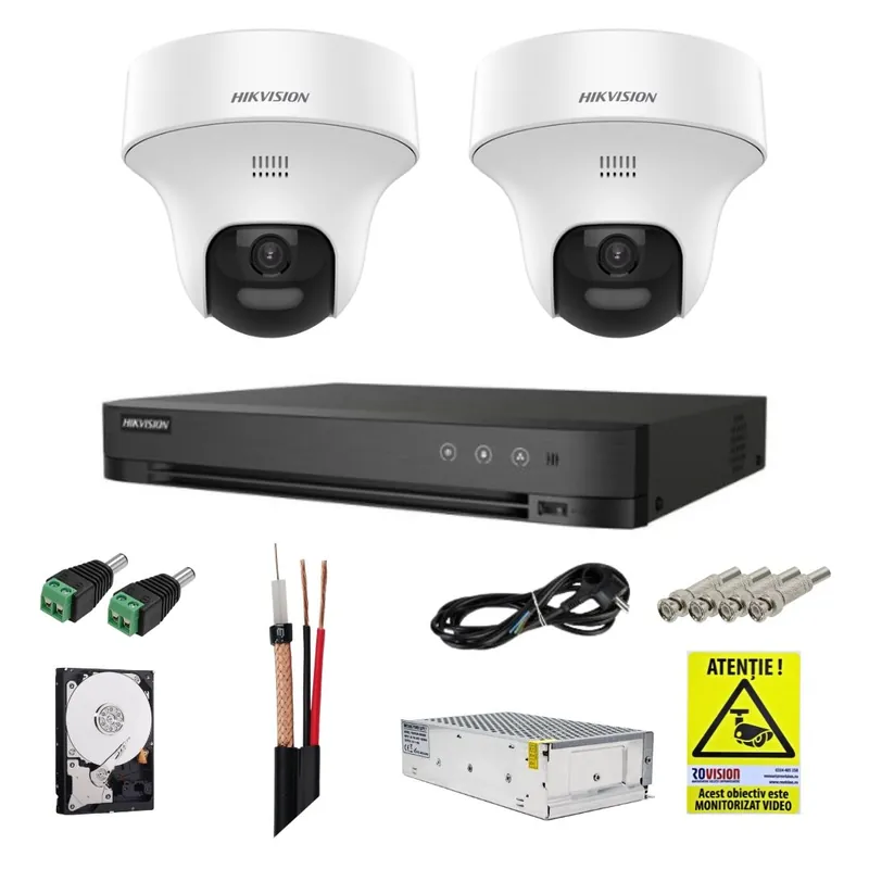 Preț mic Sistem supraveghere Hikvision cu functii inteligente, 2 camere rotative, 3K 5MP, Audio bidirectional, Dual light 20m, DVR 4 canale, Accesorii incluse