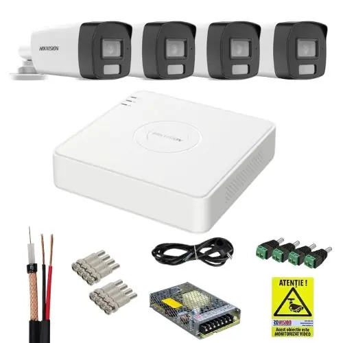 Sistem supraveghere analog Hikvision 4 camere 4K, Dual Light, IR 40m, lentila 2, 8mm, DVR 4 canale, 5MP, tehnologie AcuSense, accesorii montaj, fara HDD Ofertă limitată