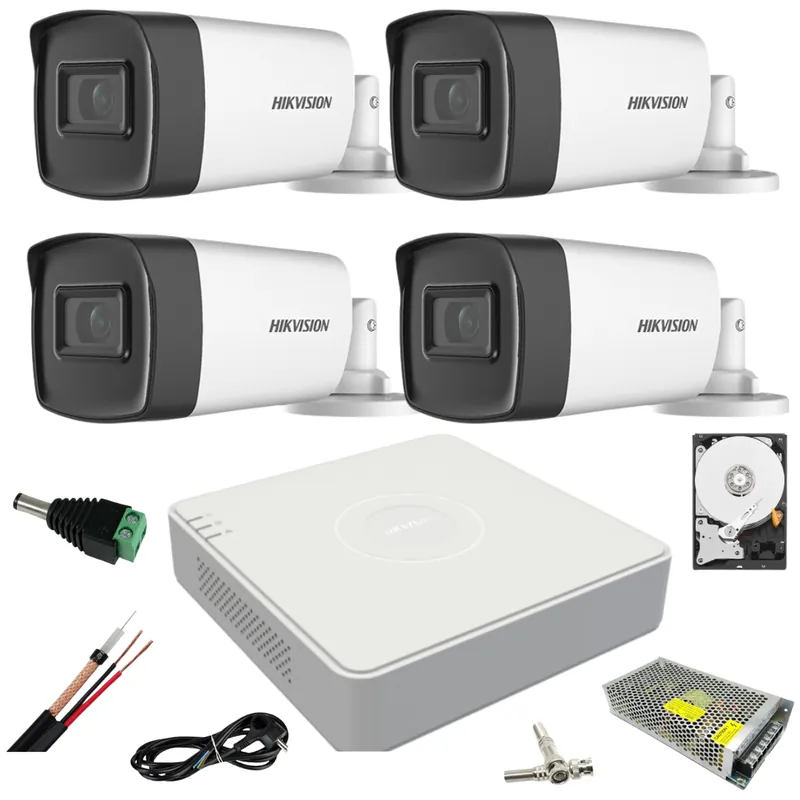 Sistem supraveghere video ultra profesional Hikvision 4 camere exterior 5MP Turbo HD cu IR 80M DVR 4 canale full accesorii cu HARD 1TB Cel mai vândut
