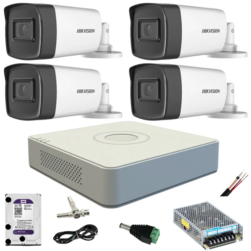 Sistem complet 4 camere supraveghere exterior 5MP TurboHD Hikvision IR 40M DVR 4 canale sursa alimentare accesorii + hard 4TB Preț promoțional