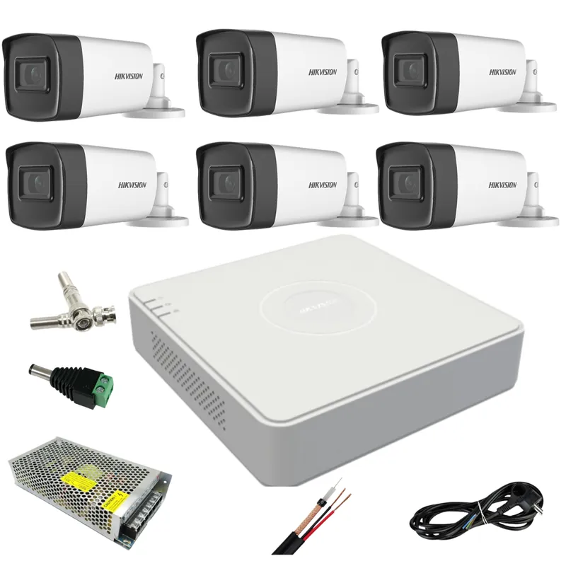 Reducere extra Sistem supraveghere video ultra profesional Hikvision 6 camere exterior 5MP Turbo HD cu IR 40M, DVR 8 canale, full accesorii