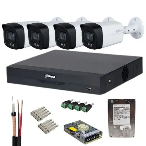 Ultima șansă Sistem supraveghere Dahua 4 camere Full-Color 5MP, lentila 3.6mm, lumina alba 40m, microfon, DVR 4K Penta-brid, WizSense, 8 canale IP, HDD 1TB, accesorii