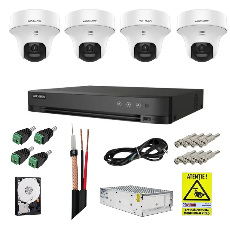 Sistem supraveghere Hikvision cu detectie om/vehicul, 4 camere rotative, 3K 5MP, Microfon, Difuzor, DVR, Accesorii incluse Chilipir