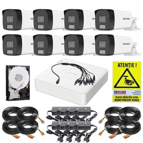 Reducere de preț Kit supraveghere Hikvision 8 camere 2MP Dual Light 40m Microfon, DVR 8 canale 4MP, HDD 1TB, Accesorii + Autocolant Rovision