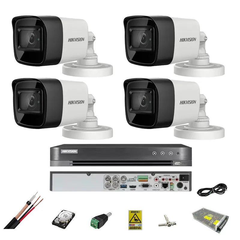 Sistem supraveghere 4 camere Hikvision 8MP, 2.8mm, IR 30m, DVR 4 canale 8MP, accesorii, hard disk Calitate înaltă