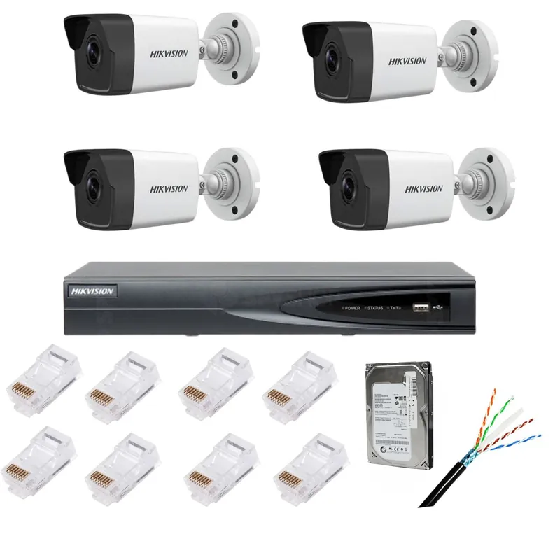 Ieftin Kit supraveghere complet cu 4 camere IP, 4MP, lentilă 2.8mm, IR 30m, NVR 4 canale IP rezoluție 4k, accesorii