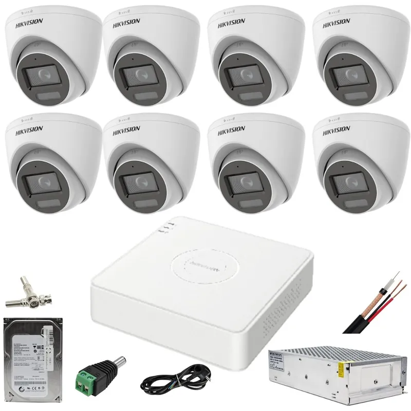 Calitate înaltă Sistem supraveghere 8 camere Hikvision 5MP Dual Light IR 20m WL 20m DVR 4MP cu accesorii incluse HDD 1TB