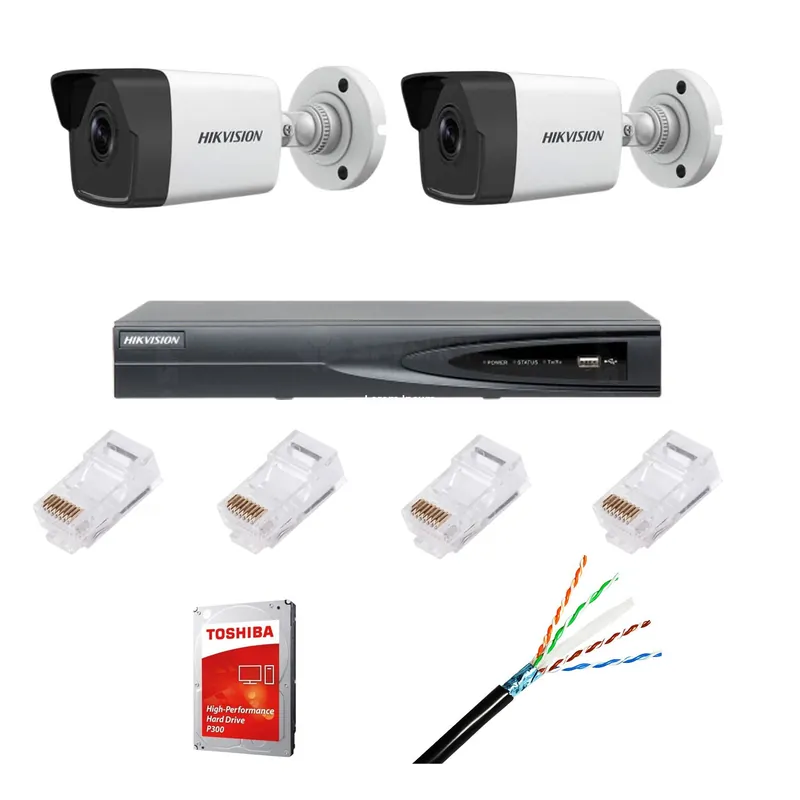 Retur ușor Sistem supraveghere video complet cu 2 camere IP, 4MP, IR 30, lentilă 2.8mm, NVR 4 canele IP, rezoluție 4k, accesorii