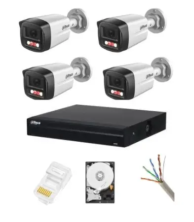 Sistem supraveghere complet Dahua 4 camere IP 4 MP Dual Light IR 30m WL 30m Microfon NVR 4 canale HDD si accesorii instalare incluse Reducere specială