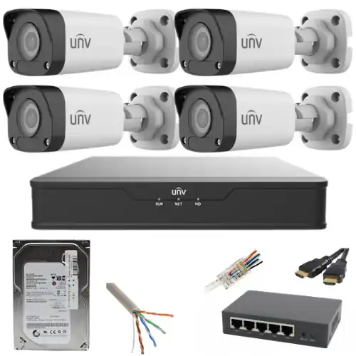 Popular Sistem supraveghere UNV 4 camere IP 5MP IR 30M PoE NVR 4 canale cu accesorii HDD 500GB incluse