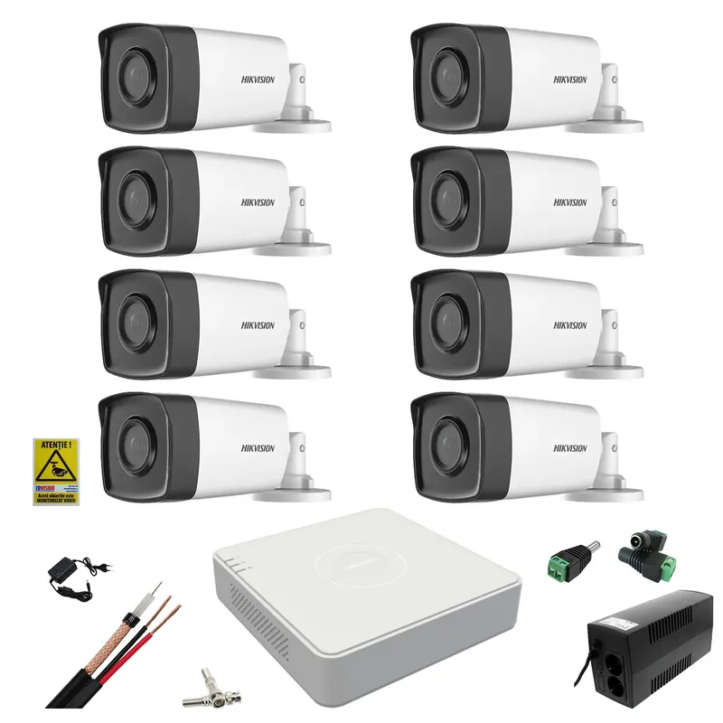 Plată securizată Sistem supraveghere video Hikvision 8 camere 2MP 3.6mm IR 80m, DVR 8 canale 1080N, accesorii, UPS cu baterie 360W