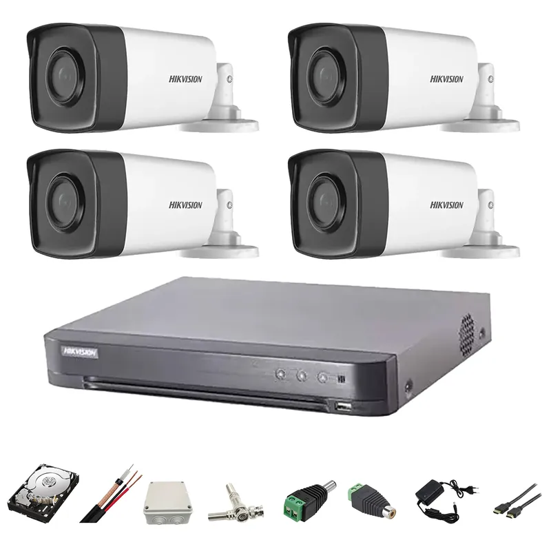 Kit complet 4 camere supraveghere full hd 80m IR Hikvision, cablu 100m si HDD 2TB Ofertă specială