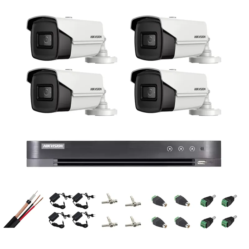 Ieftin Kit supraveghere ultraprofesional Hikvision 4 camere 8MP 4K, 80 IR, accesorii incluse, live internet