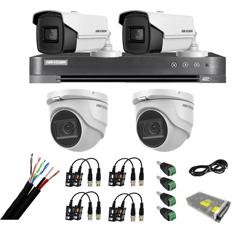 Ofertă specială Sistem de supraveghere mixt 4 camere: 2 camere interior 8MP IR 30m, 2 camere exterior 4 in1, 8MP, IR 80m, DVR 4 canale 4K 8MP, accesorii