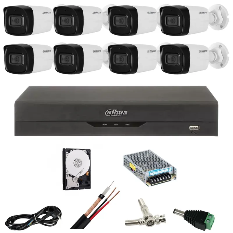 Kit de supraveghere Dahua cu 8 camere de 5 Megapixeli, Infrarosu 80m, DVR cu 8 canale, Hard Disk 2 TB, Accesorii Chilipir