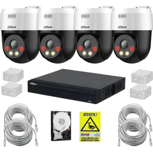 Sistem supraveghere IP inteligent Dahua, 4 camere rotative, 5MP, Alarma, Difuzor, NVR 8 canale PoE, Accesorii montaj, HDD Transport gratuit