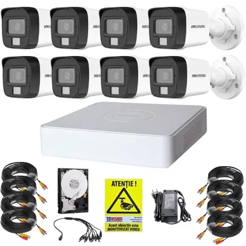 Sistem supraveghere Hikvision, 8 camere 5MP IR 30m Lumina Alba 20m Microfon, DVR 8 canale 5MP, HDD si accesorii Livrare rapidă