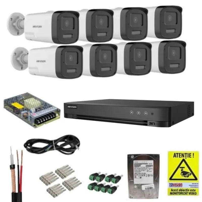 Plată securizată Sistem Supraveghere Analog Hikvision 3K8 Camere cu Dual Light, Audio Bidirectional, DVR 8 Canale cu Deep Learning, HDD 1TB si Accesorii Montaj
